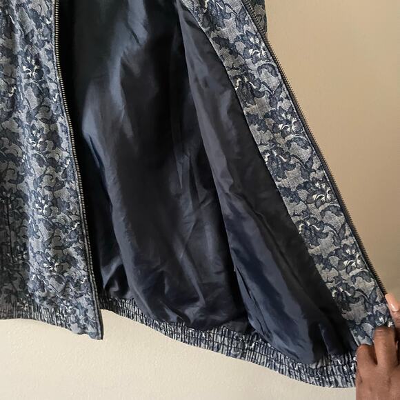 J. Crew Factory Denim Floral Print Bomber Jacket Womens Small Blue Casual Chic - Picture 6 of 10